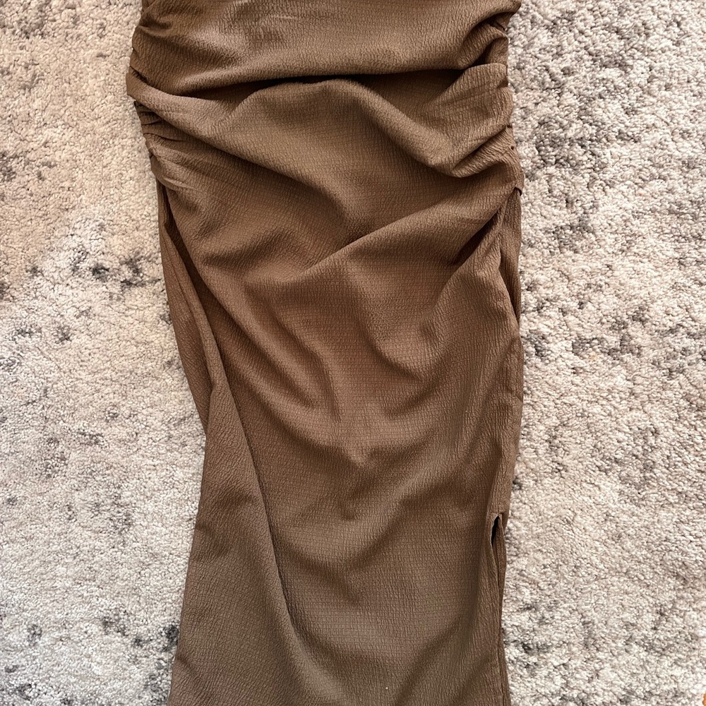 OAK + FORT Brown Midi Pencil Skirt with Ruched Detail